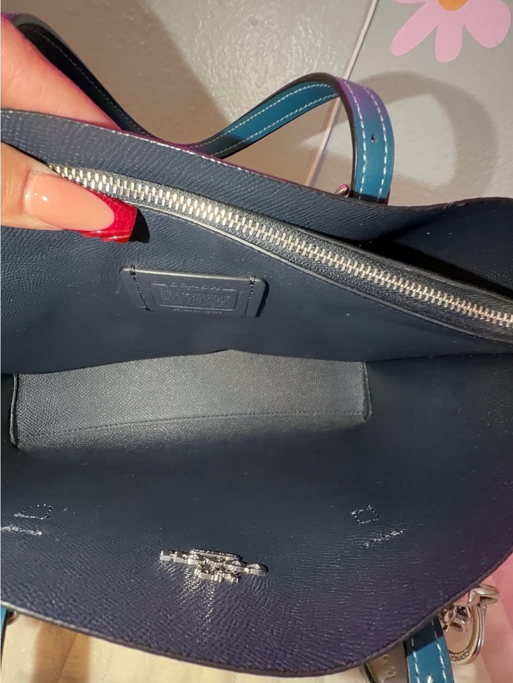 Coach Floral Leather Tote with Teal and Blue Accents - Picture 4 of 8